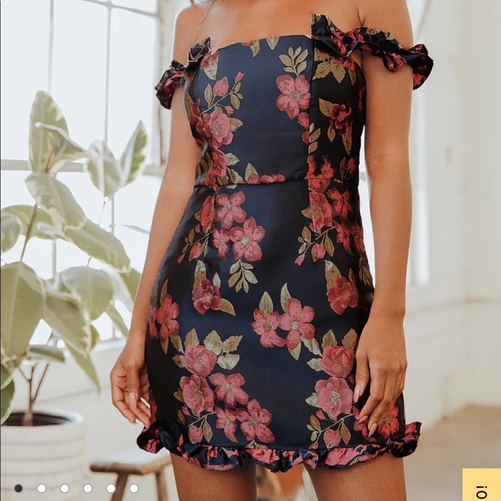 NWT Lulus Pop the Bottle Navy Blue Floral Jacquard Ruffled Mini Dress